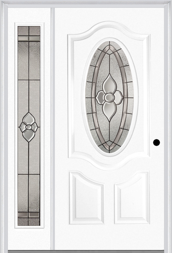 MMI SMALL OVAL 2 PANEL DELUXE 3'0" X 6'8" FIBERGLASS SMOOTH NOUVEAU BRASS, NOUVEAU NICKEL, OR NOUVEAU PATINA EXTERIOR PREHUNG DOOR WITH 1 FULL LITE NOUVEUA BRASS/NICKEL/PATINA DECORATIVE GLASS SIDELIGHT 749